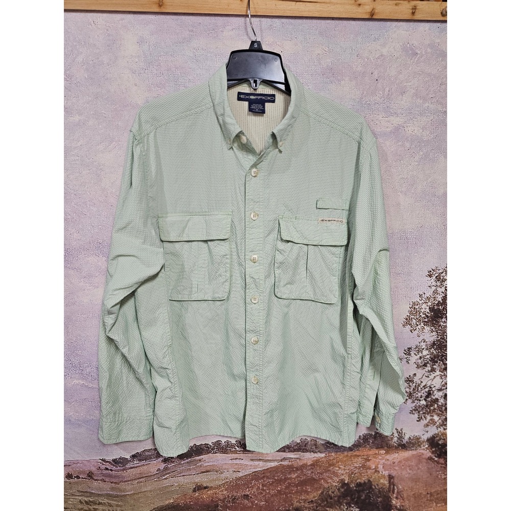 ExOfficio Vented Fishing Shirt Green Long Sleeve Button Up Mens Size Large